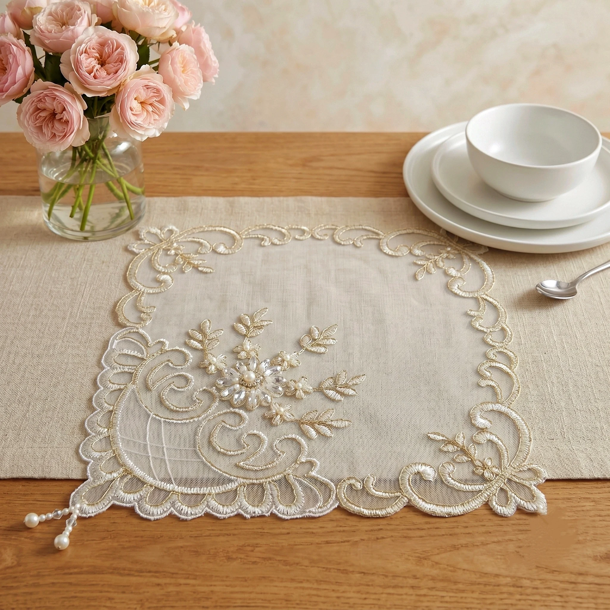 4pcs Square Placemat Set Handmade Beaded Coasters Decorative Placemat Furniture Dust Covers Dining Room Decorative Cloths