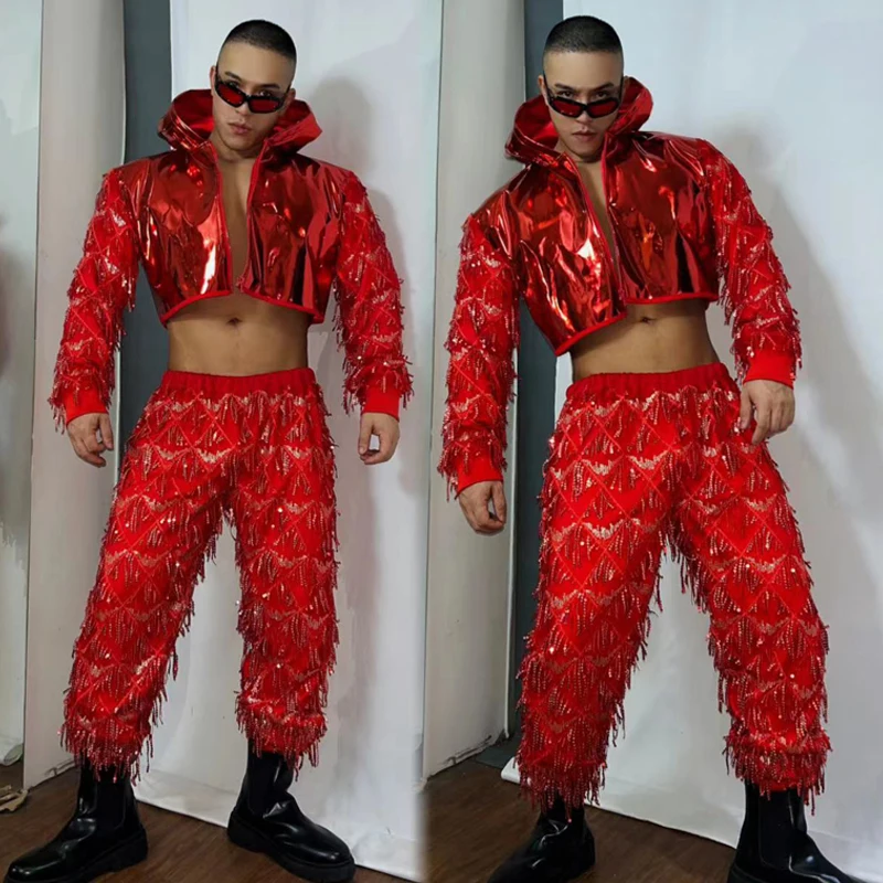 Red Silver Laser Jacket Sequins Pants Men Singer DJ DS Jazz Dance Clothing Sexy Gogo Costumes Nightclub Male Rave Outfit XS7013