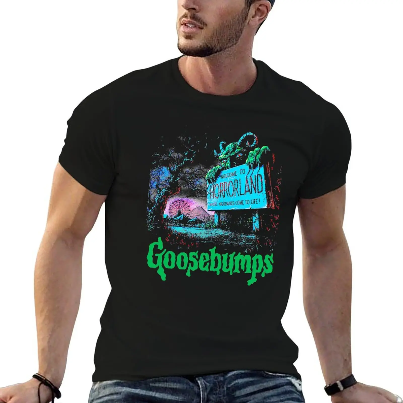 Horror Goosebumps. Horrorland T-Shirt Minimalist Plain Crew Neck T-Shirt