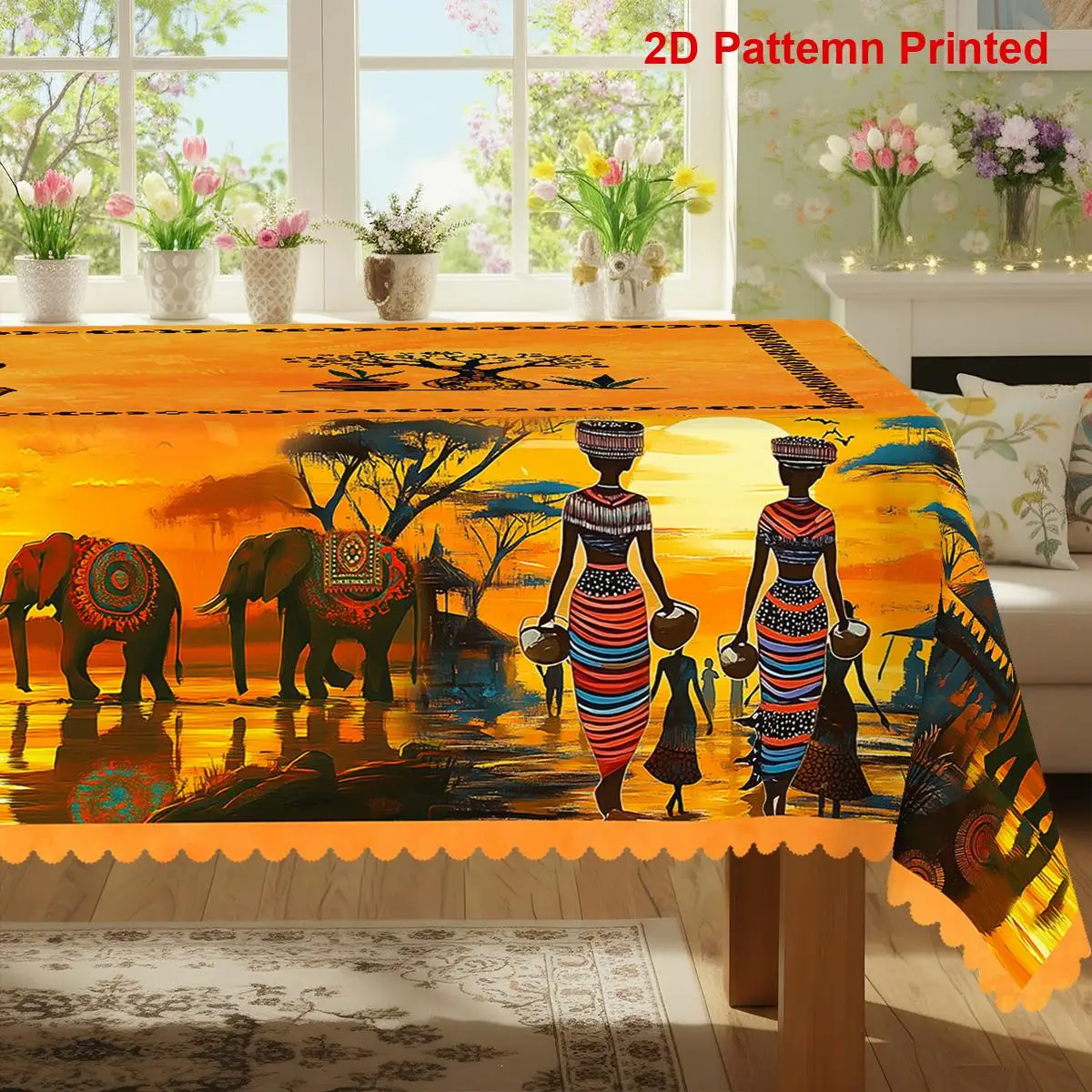 One 2D flat-printed African tribal-themed party tablecloth, with a vintage elephant sunset design.