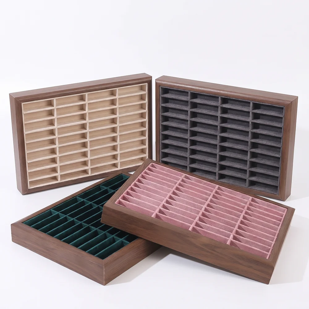 Walnut Wood Velvet Jewelry Tray 36 Grid Compartment Organizer Stackable Watch Bracelet Display Tray for Drawer Vanity Retail