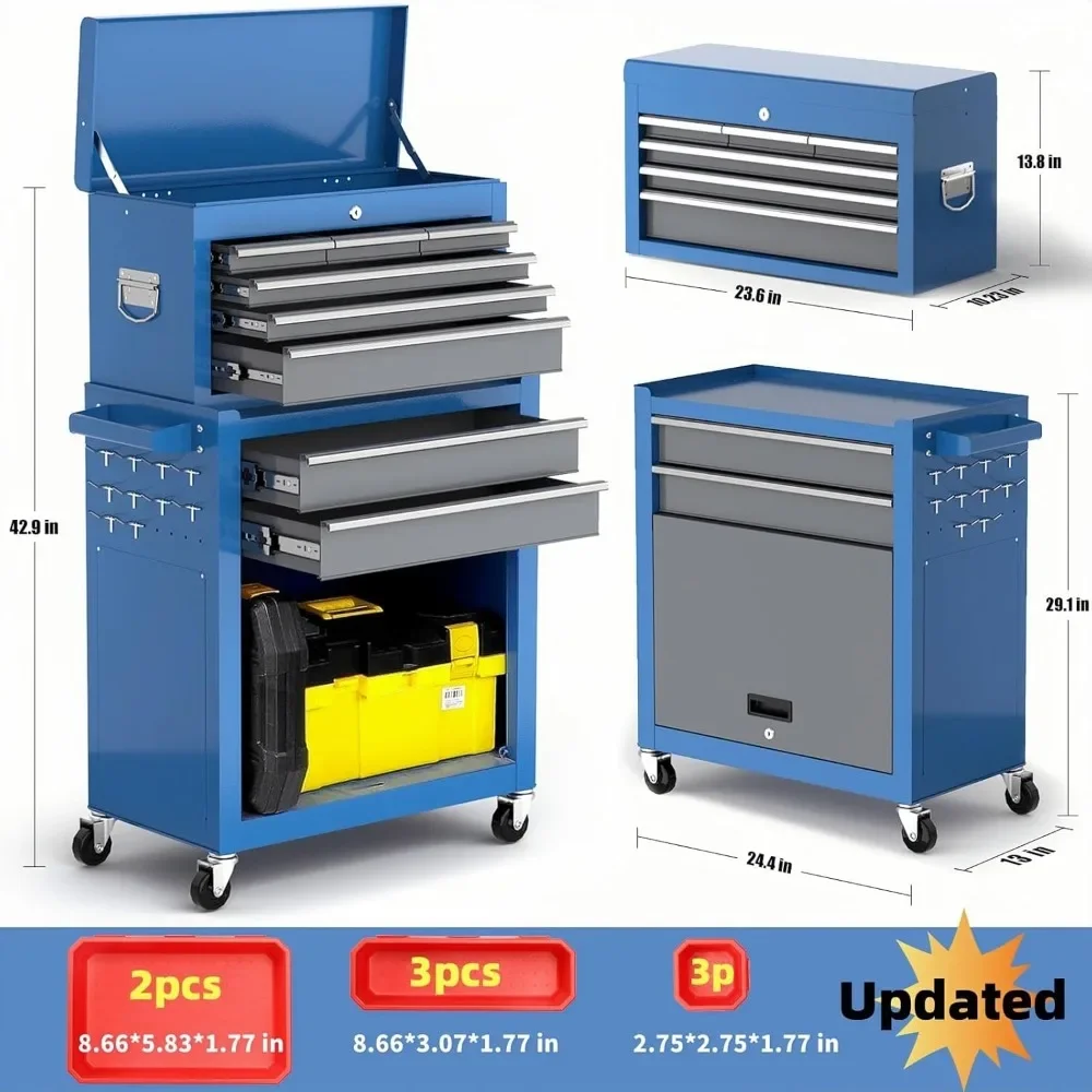 8-Drawer Rolling Tool Chest with Wheels,Detachable Top Box & Locking System,for Workshop Mechanics Garage (Blue)