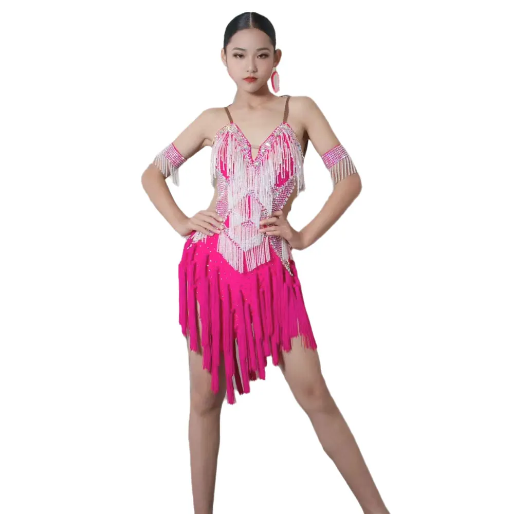 Latin danswedstrijd Dames high-end aangepaste kristallen kwastje armring Sling Cha Samba prestatie strass jurk