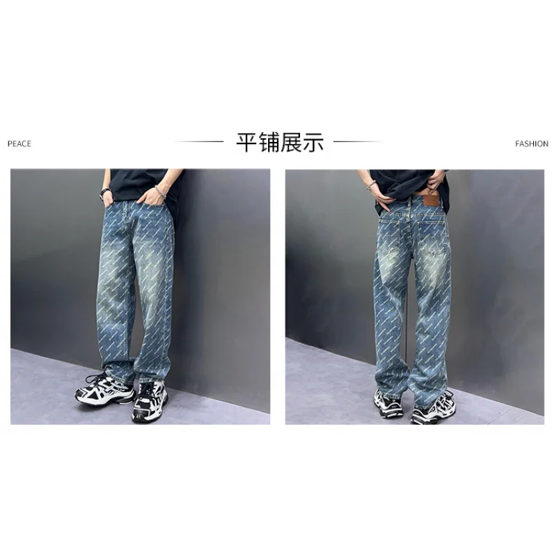 Trendy American letter print men's jeans loose fit straight pants new pants 2024 street trend male