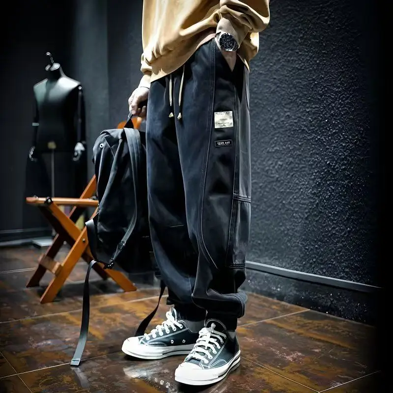 Spring Autumn Men Jeans Elastic Drawstring Waist Pockets Design Denim Pants Solid Color Casual Cargo Harem Trousers