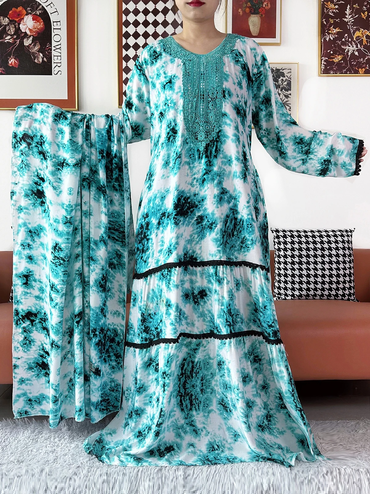 Nuevo Vestido Abaya de Algodón Teñido Anudado Elegante para Mujer Kashkha de Alta Calidad, Vestido Largo Holgado Boho Casual de Moda Africana con Mangas Largas
