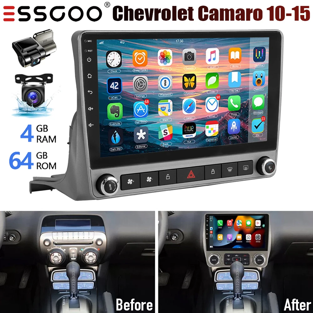 9 "أندرويد 15 Carplay 4 + 64G سيارة نظام تحديد المواقع راديو ستيريو لشروليه كامارو 2010-2015 واي فاي رئيس وحدة بلوتوث شاشة تعمل باللمس + DVR وكاميرا