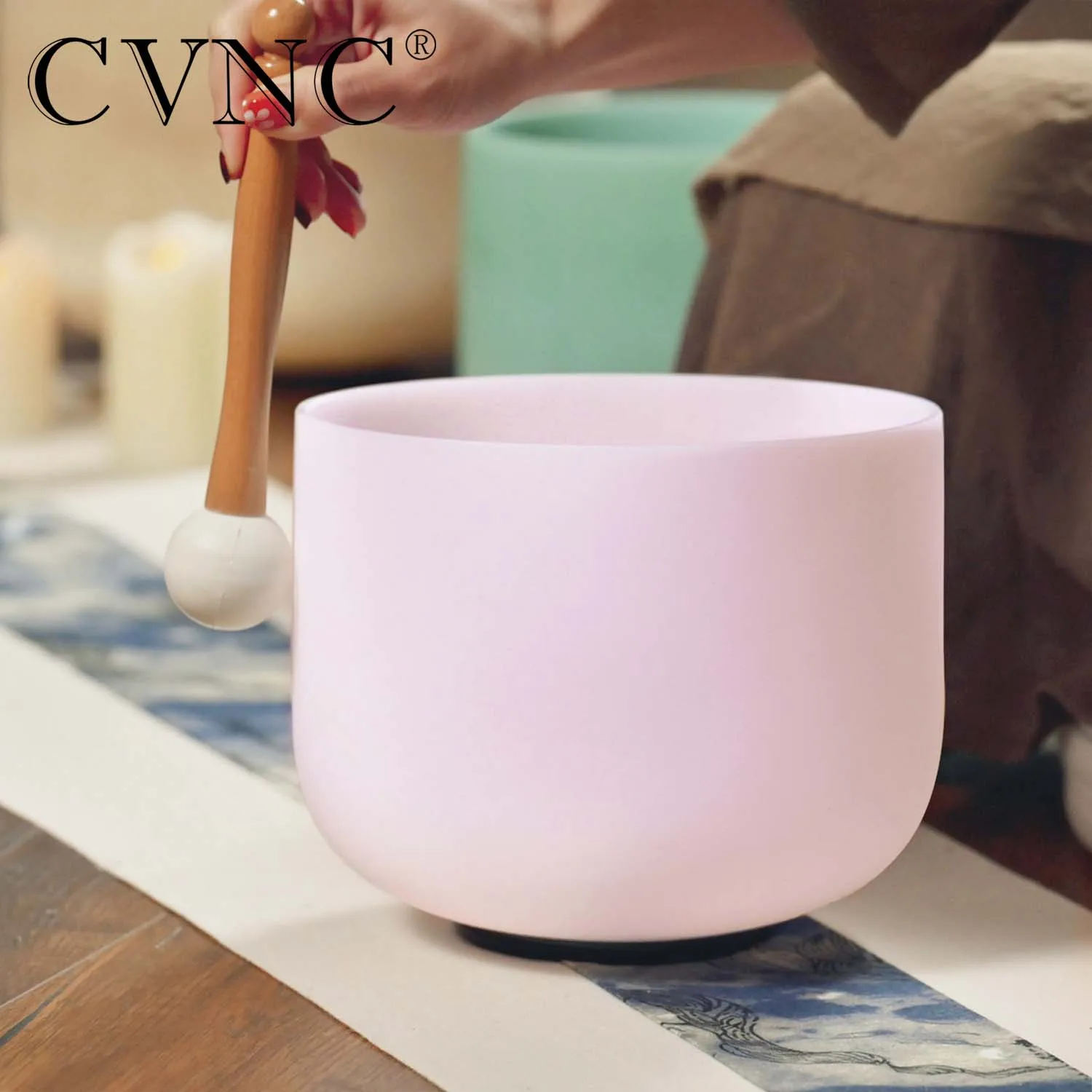 

CVNC 12 Inch D Note Color of Pink Rose Quartz Gemstone Chakra Frosted Quartz Crystal Singing Bowl with Rubber Mallet and O-ring