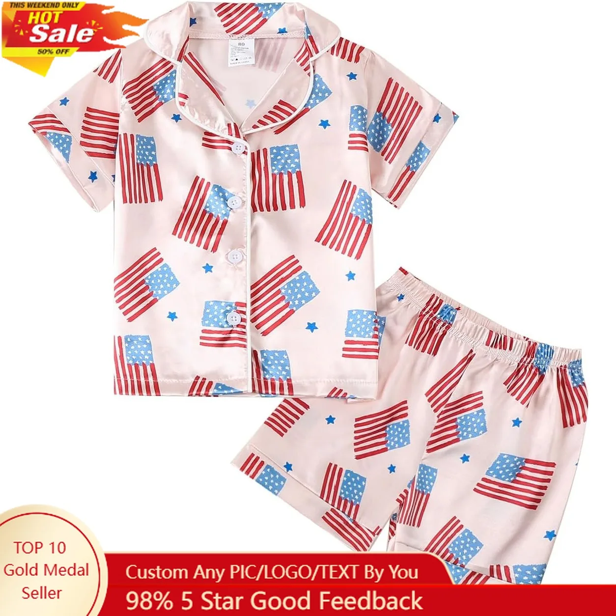 

Toddler Baby Girl Boy 4th of July Outfits Pajamas Set Fourth of july American Flag Button Tops+Shorts Sleepwear