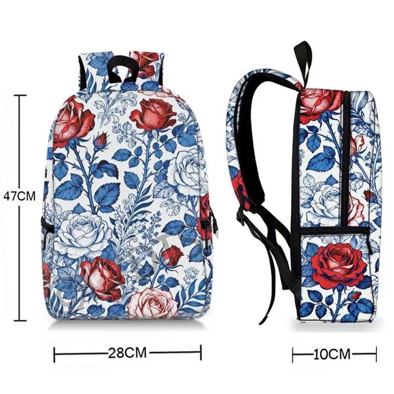 Red Roses and Blue Leaves Print Backpack Floral Pattern Women Men Rucksack for Travel Teenager School Laptop Bag Daypack Bookbag