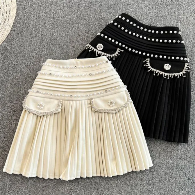 

Spring fashion diamond velvet cotton high waist slim skirt pleated skirt short bead a-line skirt women