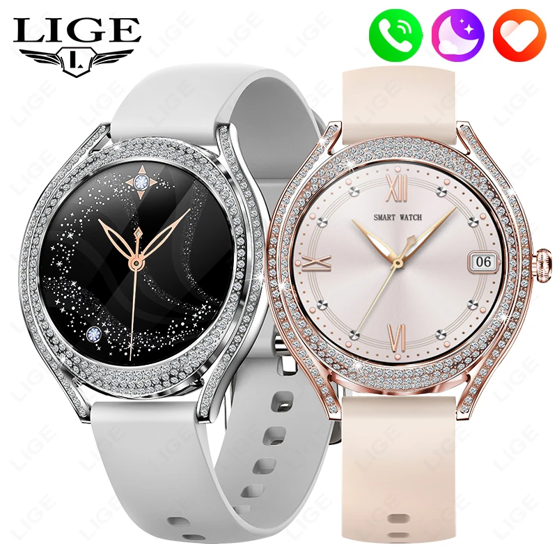 LIGE New Women Smart Watch 1.28 Inch Sports Fitness Bracelet BT HD Calling Clock Waterproof Diamond Case Fashion Smartwatch 2024