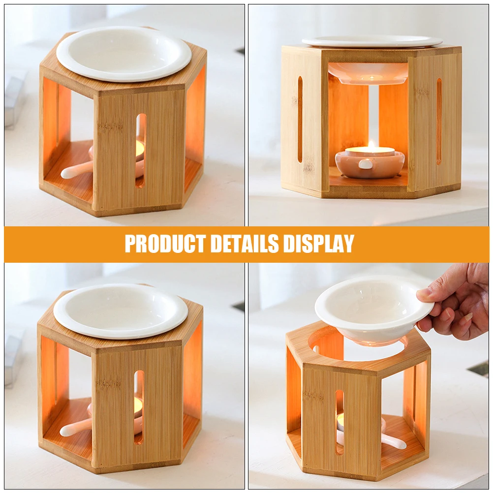 Jaula hexagonal de aceite esencial, calentador de cera de cerámica de bambú, soporte para candelita, decoración para el hogar y la Oficina, horno difusor de Aroma, 1 Juego