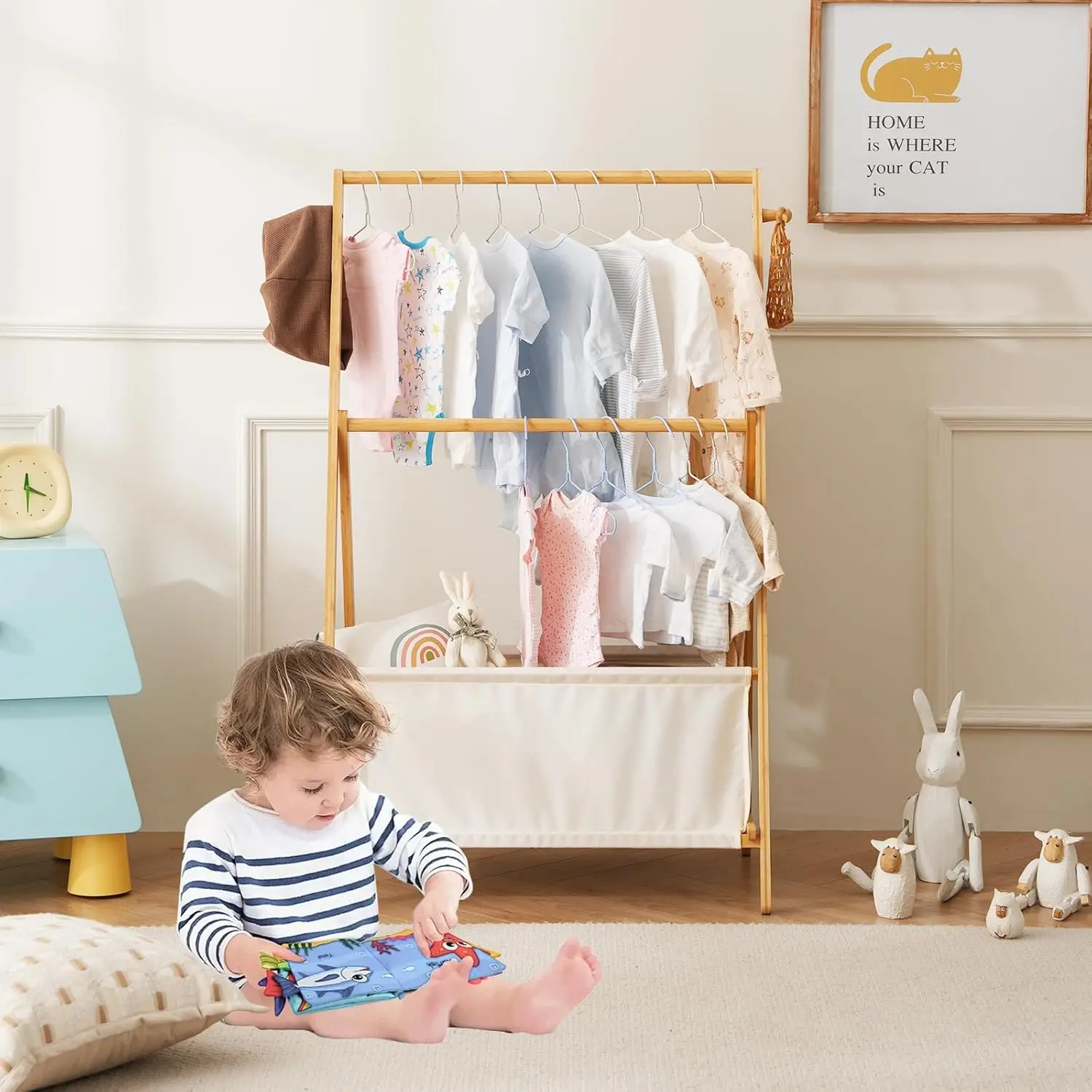 Kids Dress Up Rack for Girls, Bamboo Clothes Storage with Double Rods, Folding Costume Organizer