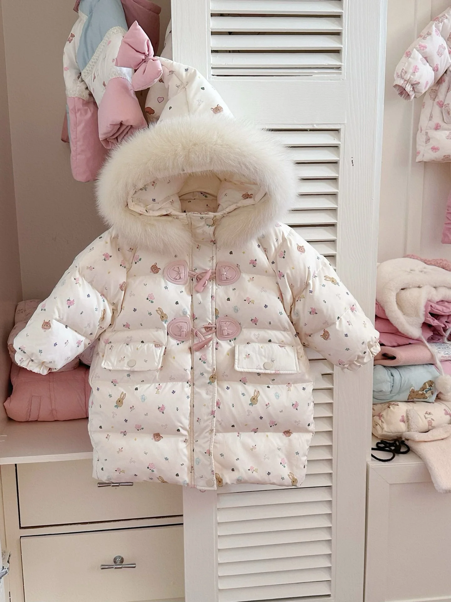 Cute Girls Down Jacket Winter Cartoon Print Bow Hooded Coat 90% Duck Down Thick Warm Puffer Coat Baby Girls Outerwear