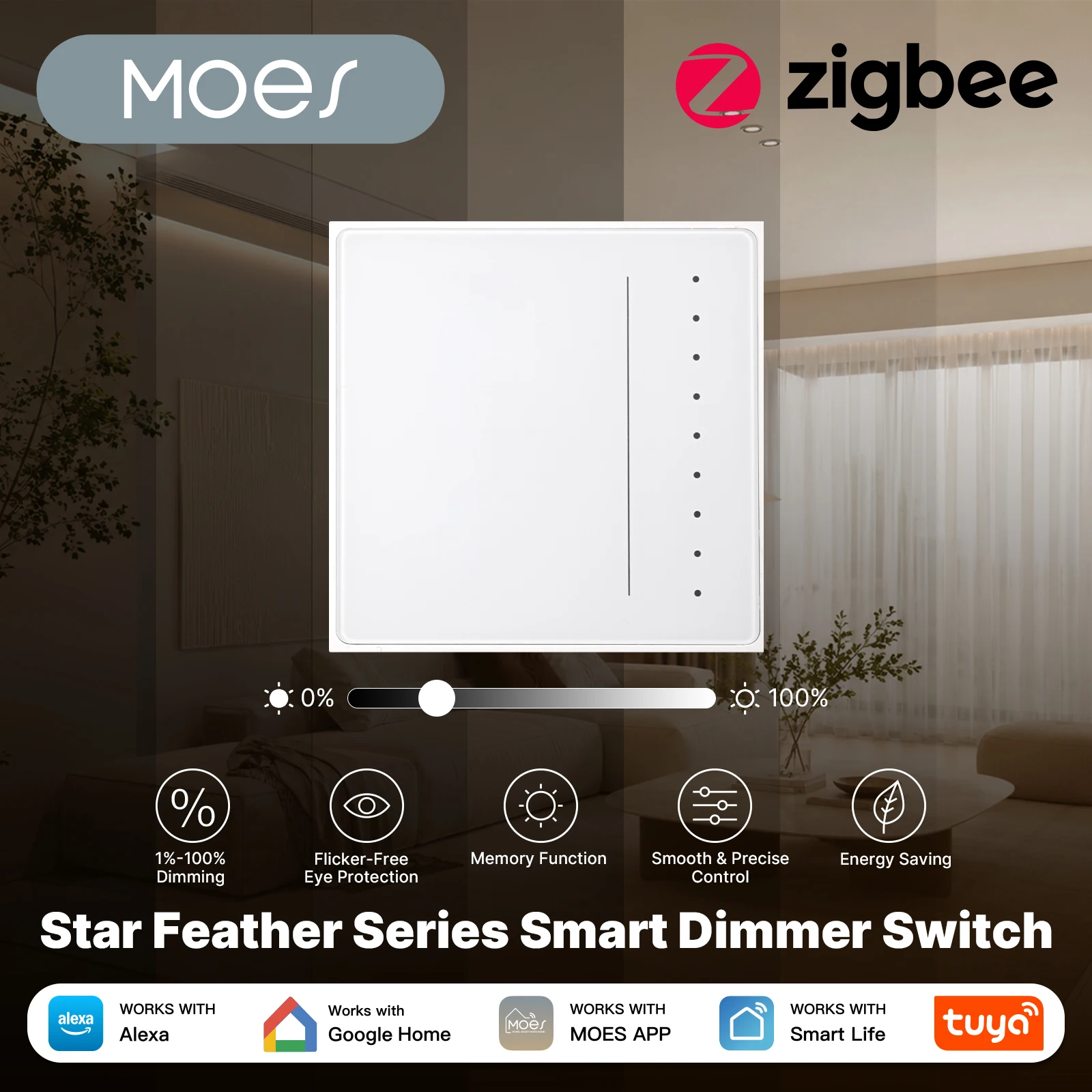 2026 NEW MOES Star Feather Series Tuya Zigbee Smart Dimmer Light Switch APP Remote Control Compatible with Alexa Google Home