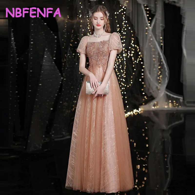 NBFENFA Golden Evening Dresses Puff Sleeve Square Collar Princess Dress 2024 Banquet Formal Dress for Wedding Vestidos De Noche