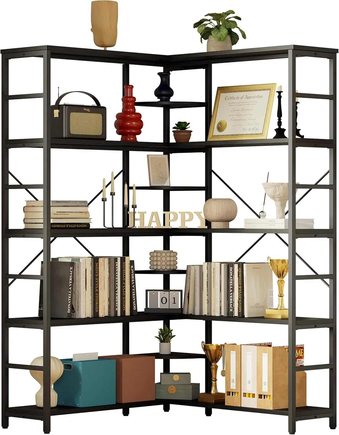 خزانة كتب على شكل حرف L بإطار معدني، أسود، لوحات منحنية لغرفة المعيشة والمكتب المنزلي #1