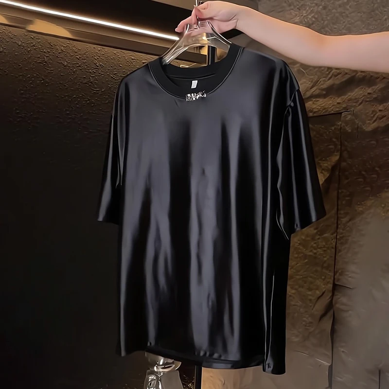 

Summer Glossy Black Short Sleeve Vintage T shirt Satin Plus Size Loose Men Top Shirt