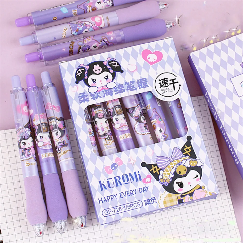 

6pcs/set Anime Peripheral Kuromi Cartoon Sponge Pen Holder ST Quick-dry The 0.5 Mm Black Exam Gel Pen Pupil Stationery Gift