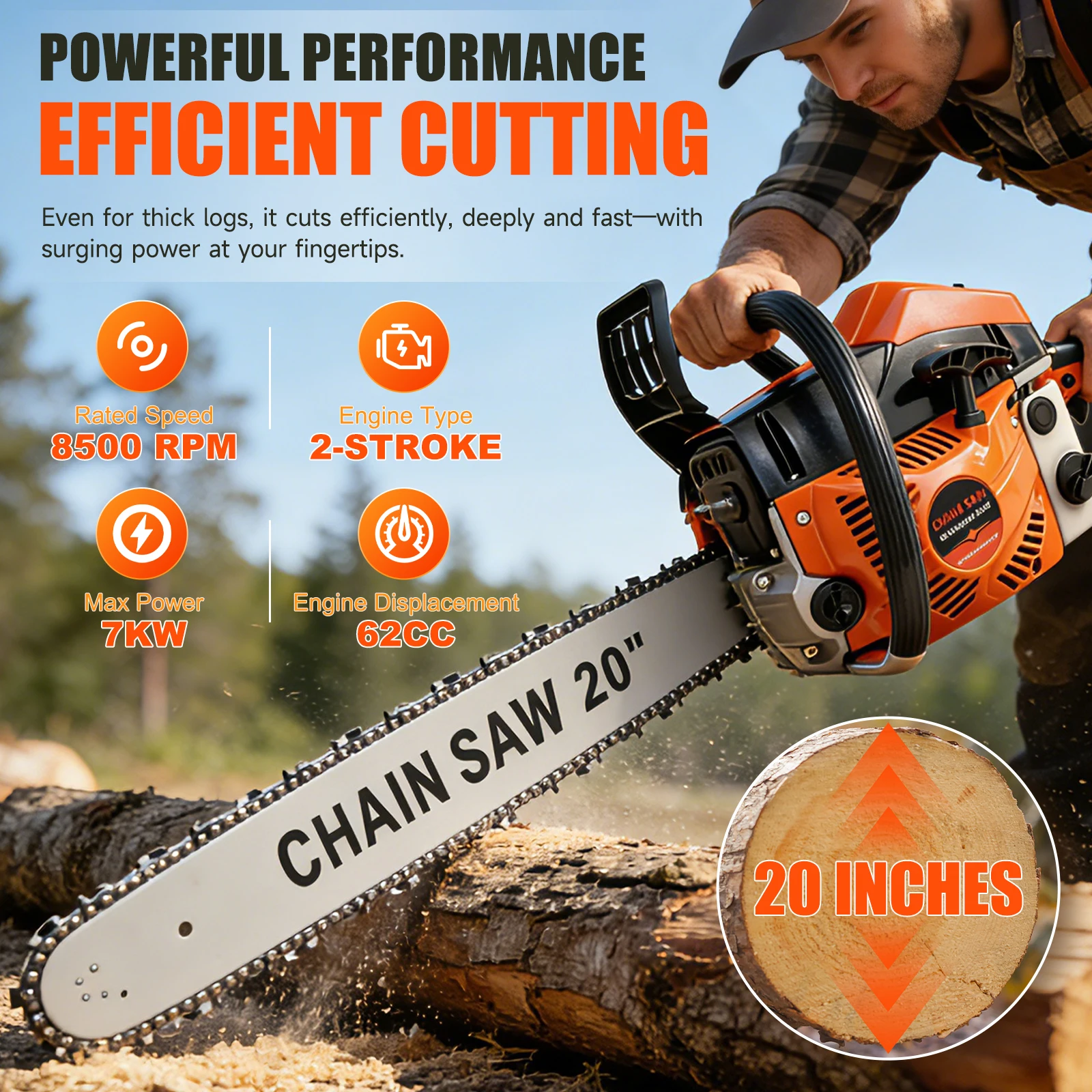 62CC 20-Inch Cordless Gasoline Chainsaw 8500rpm 2-Stroke 3.4hp Hand-Held for Farm/Garden/Ranch/Heavy-Duty Wood Cutting