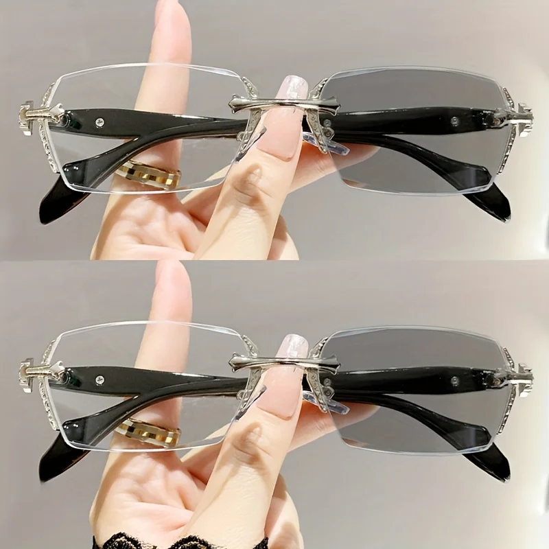 2PCS Metal Photochromic Eyeglasses Rectangular Frame Color Changing Frameless Eyewear Outdoor Anti-Blue Light Eye