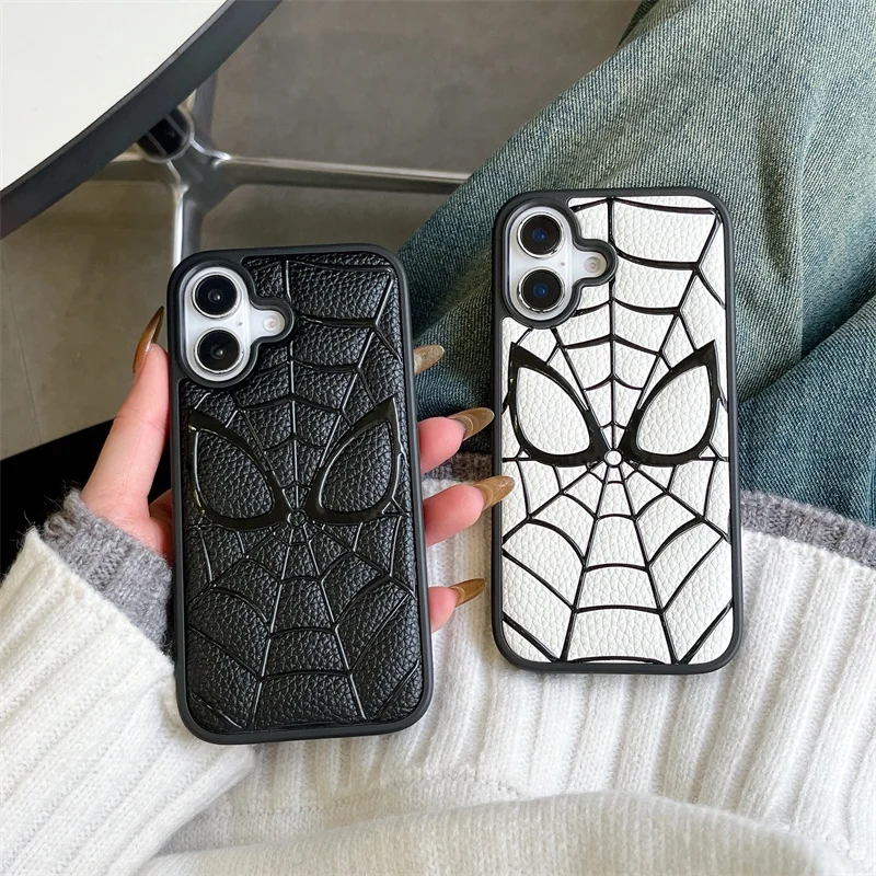 Luxury Embossing S-Spider-Man 3D Leather Silicone Phone Case Protection for iPhone 16 Pro 15 13 14 Pro Max Lovely Cartoon Cover