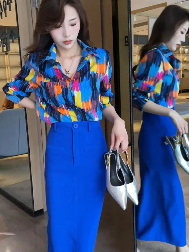 

Blue Floral Print Shirt Set Women's Summer Outfit Two Pieces Dress Fashionable Polyester Fiber Korean Style Ensemble