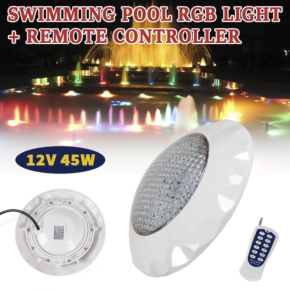 LED-Schwimmbadleuchte mit Fernbedienung, 45 W, RGB, mehrfarbig, für den Außenbereich, LED, Unterwasser, IP68, wasserdichte Lampe, AC 12 V