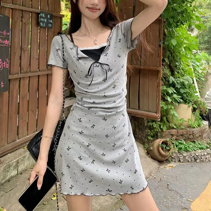 Fake Two Pieces Lace Spliced Mini Long Dress Female Clothing Elegant A-Line Waist Summer Fashion Printed Korean Casual Dresses