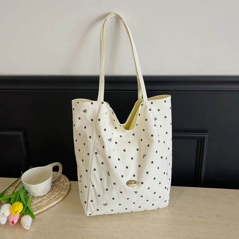 Lightweight Polka Dot Tote Foldable Soft Fabric Canvas Shoulder Bag Pastel Colors Durable Straps Double-sided Cloth Handbag