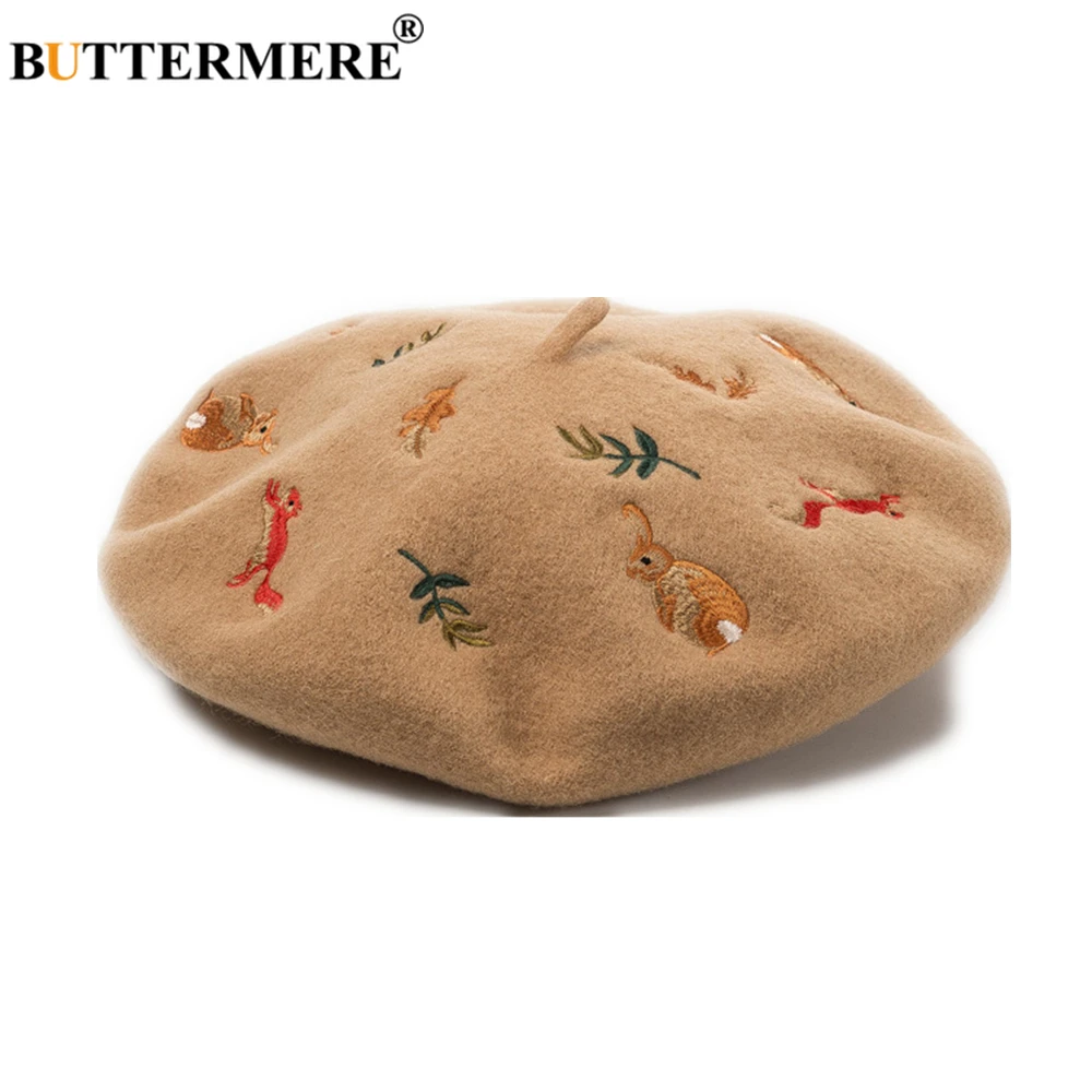 BUTTERMERE Winter Hats for Women Wool Beret Hat Female Camel Pink Rabbit Squirrel Leaf Embroidery Vintage Ladies Mushroom Hat