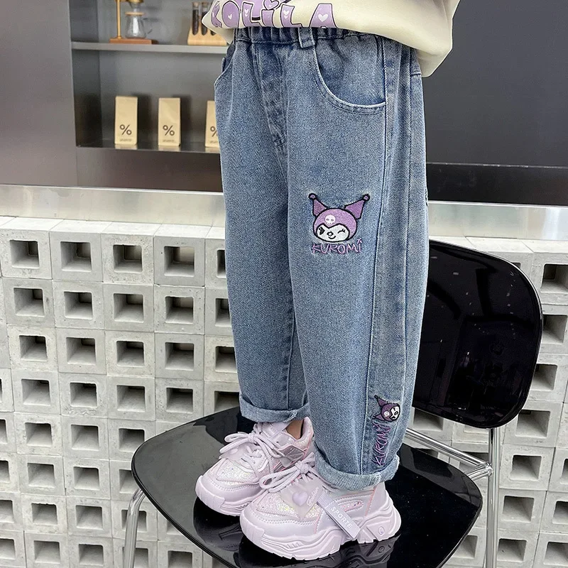 New Sanrio Jeans Korean Cartoon Kawaii Kuromi Children\'s Embroidered Versatile Pants Cute Girls Spring and Autumn Pants