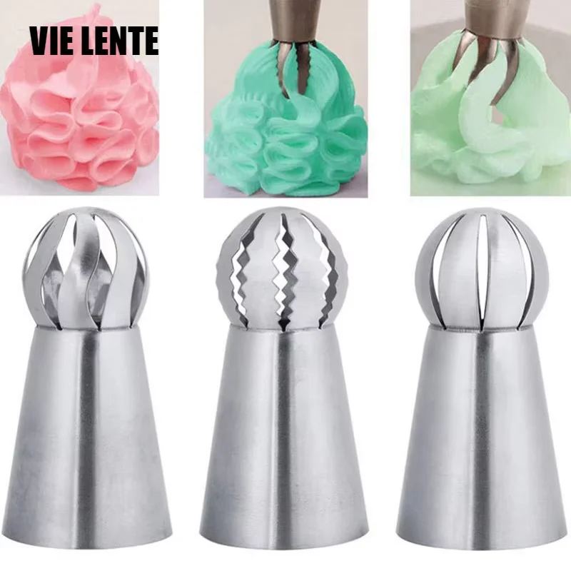 3Pcs Torch Lower Nozzles Pastry Cake Russian Spherical Cream Squeezing Flower Mouth Tool Stainless Kitchen Baking Tool