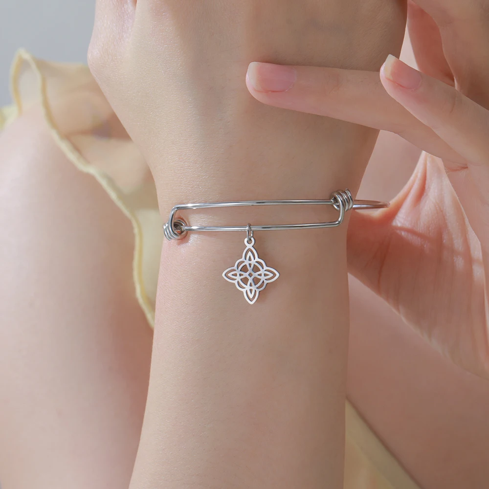 Dawapara Witch Knot Charm Bangle Adjustable Magic Wiccan Symbol Irish Good Luck Amulet Stainless Steel Bracelet Couple Jewelry - view 2