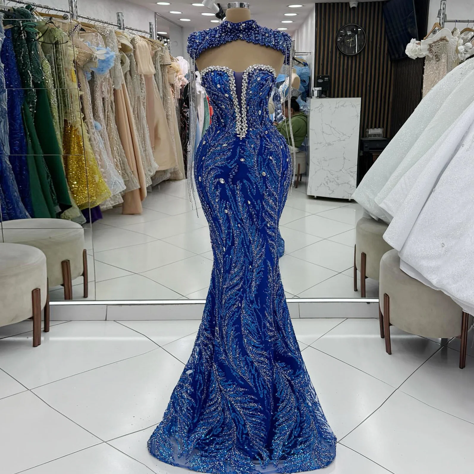 

Beaded And Sequined Tassel Party Dress Sleeveless Mermaid Dress Dark Blue Cocktail Dress Sequined Tulle Prom Dress Customizable