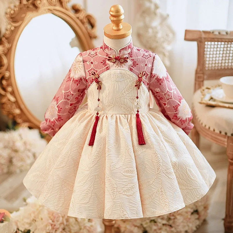 

Girls' Birthday Celebration and New Year, Stylish Color Block Button Embroidered Princess Dress