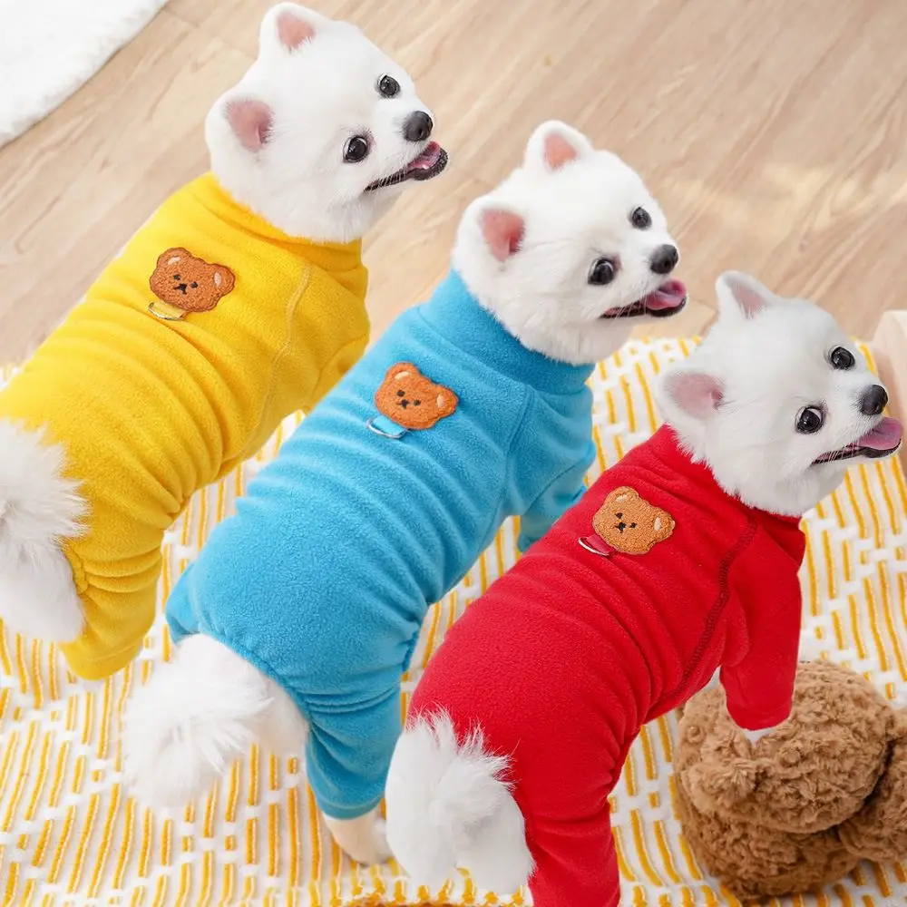 Bear Pattern Plush Dog Jumpsuit Thickened Warm Dog Base Coat Pet Four Legged Clothing Soft Cat Pajamas for Cats Dogs