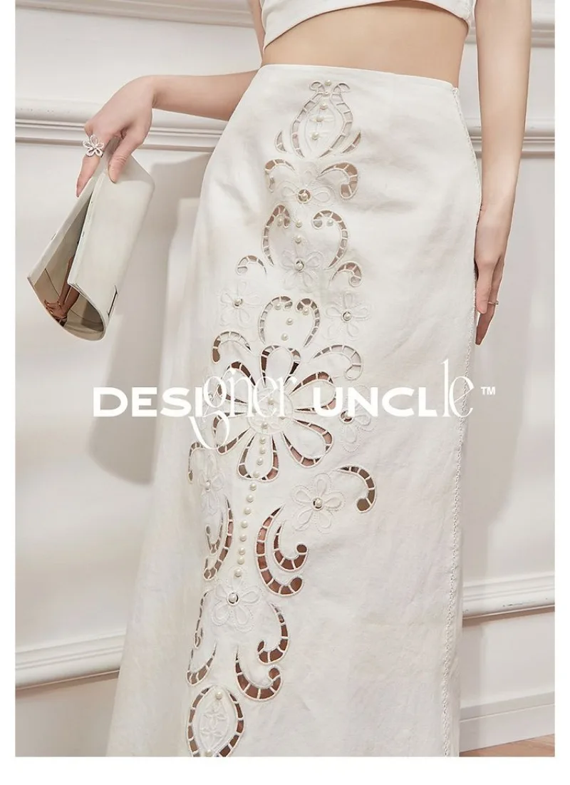New Chinese Embroidery Fashion Skirt Women Hollow Out High End Elegant Slim Hollow Out Design Solid Color Long Skirts Summer