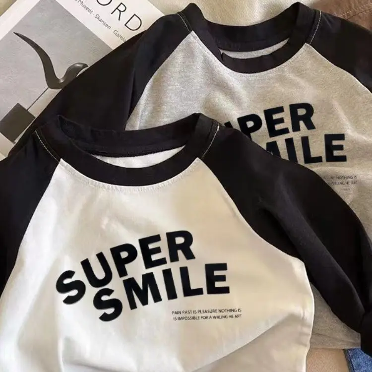 2025 New Spring Pure Cotton Men's and Women's Long Sleeved T-shirt Base Shirt Letter Shoulder Insertion Korean