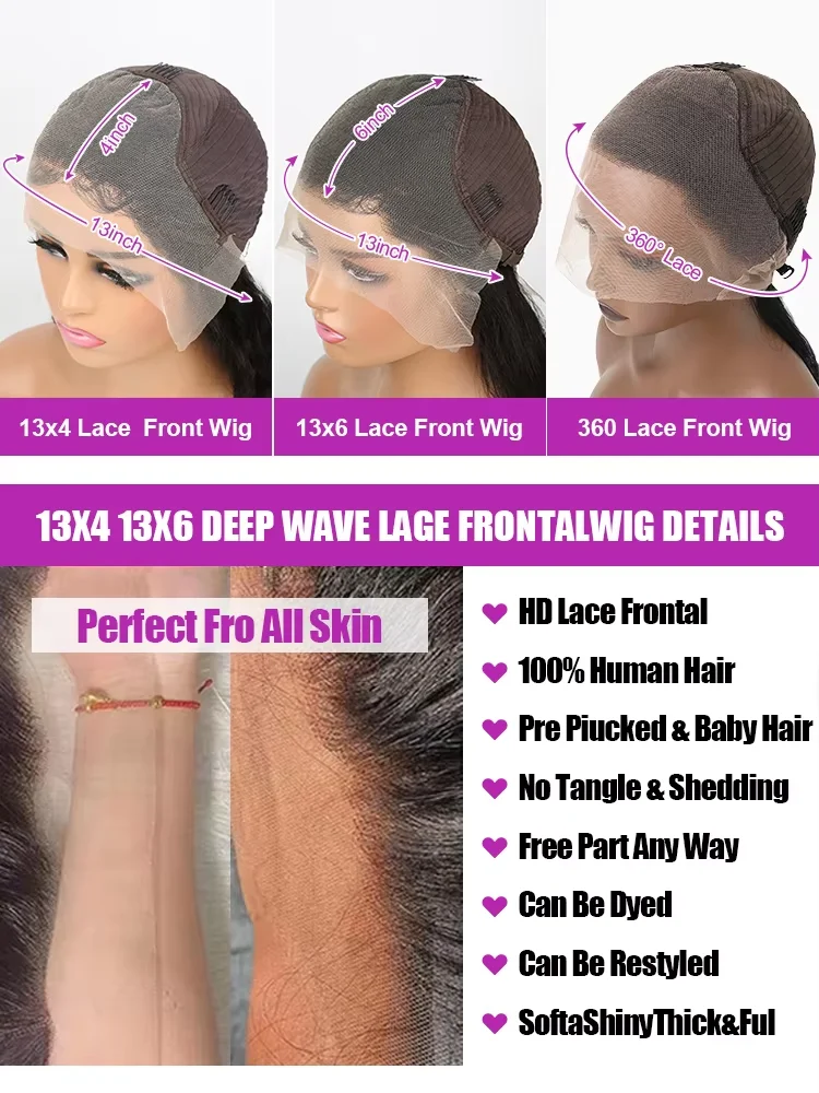 วิกผมแท้แบบ HD Lace Front ขนาด 30-32 นิ้ว ความหนาแน่น 250% สำหรับผู้หญิง ทรงลอนน้ำแบบบราซิล ไม่ต้องใช้กาว พร้อมถอนไรผมด้านหน้าแล้ว