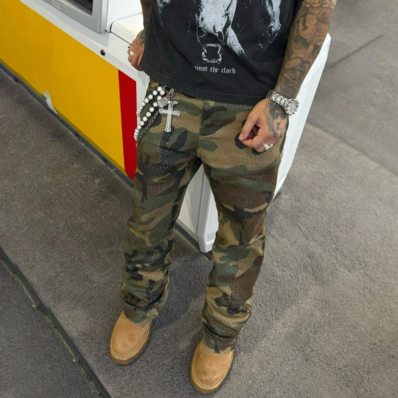 Y2k Python Camo Baggy Flared Jeans für Männer Retro Glänzende Beschichtung Schlangenmuster Jeans Amerikanische Hip-Hop Streetwear Unisex Weite Hose