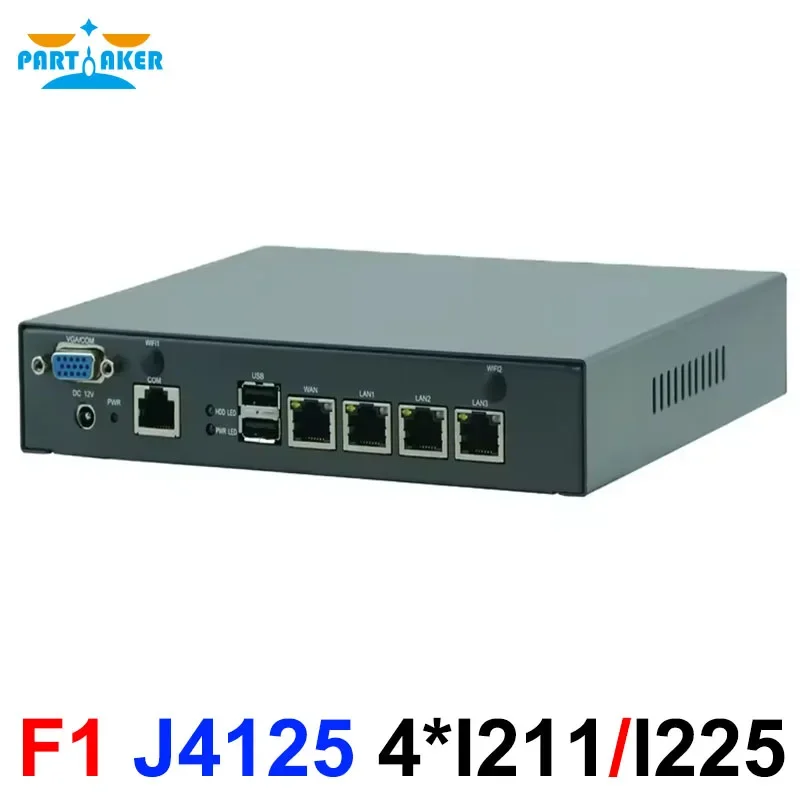 Partaker F1 네트워크 서버 인텔 셀러론 J4125 4 LAN 팬리스 미니 PC 네트워크 보안 기기, Openwrt pfSense OPNsense