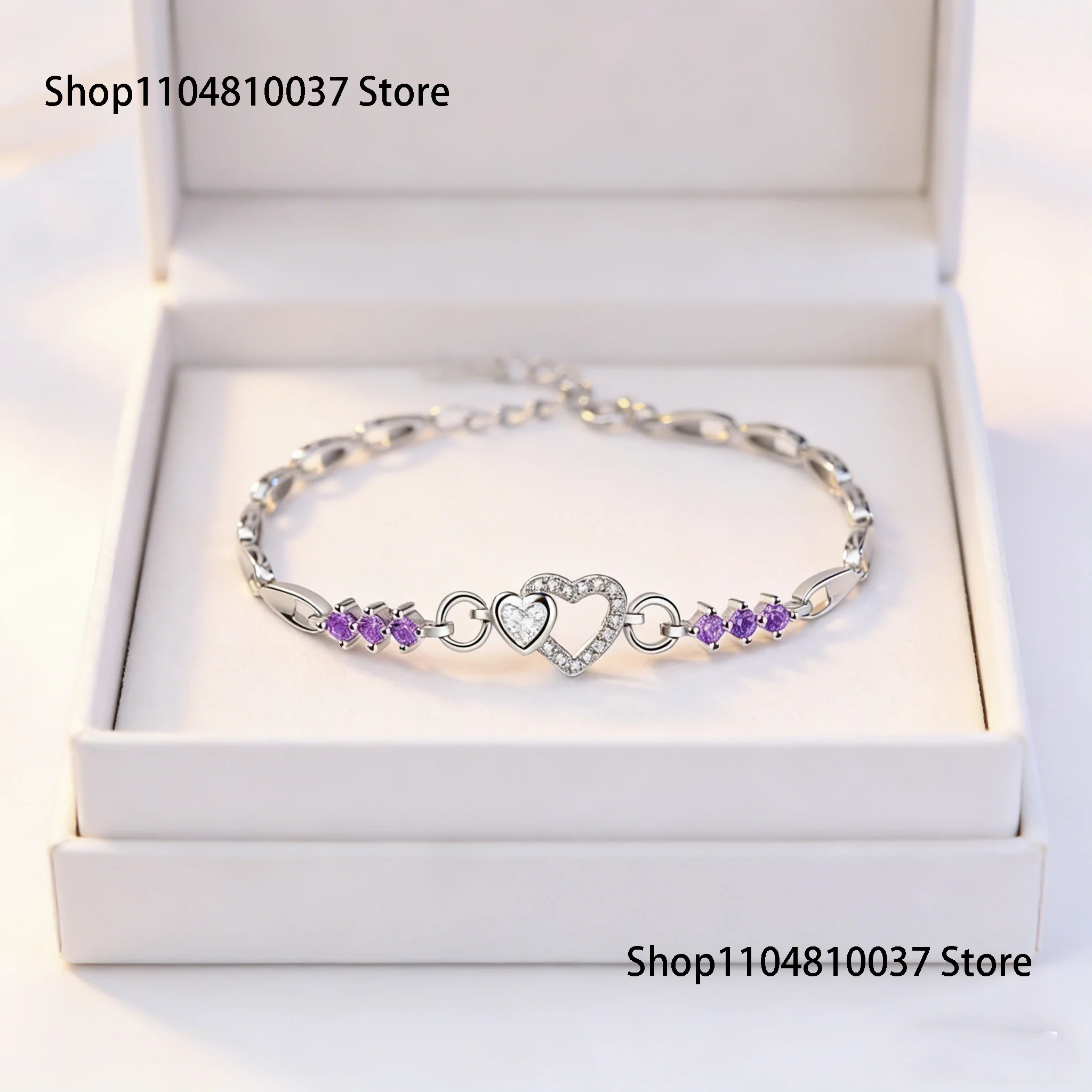 Women's 925 Sterling Silver Charm Bracelet Purple Crystal Zircon Heart Jewelry Gift