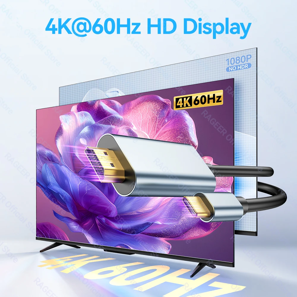 RAGEER 4K@60Hz/4K@30H 타입-C to HDMI 비디오 케이블 단방향 타입-C to HDMI 케이블 다중 기기용 금도금 커넥터