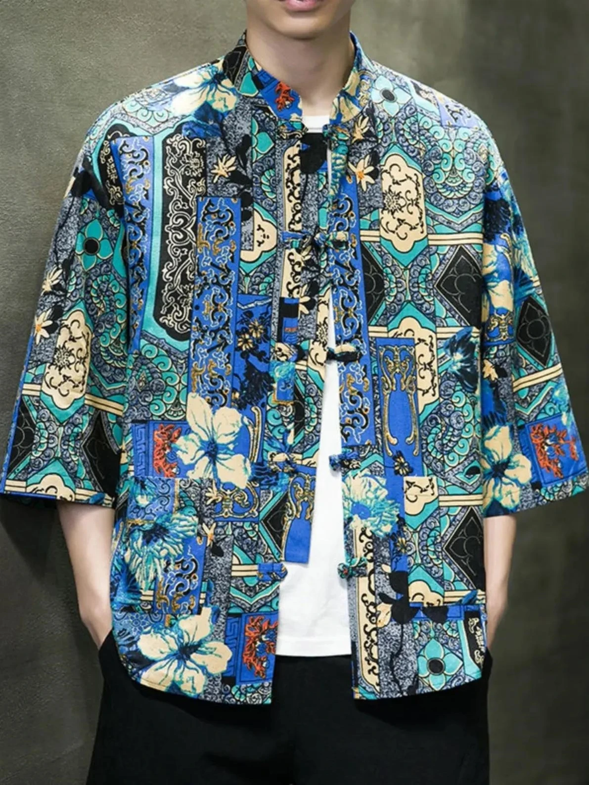 

Summer ort Sve Men's irt Youth Faion Print Seven-Quarter Sve Stand Collar Button-Down Chinese Sle Casual Jaet