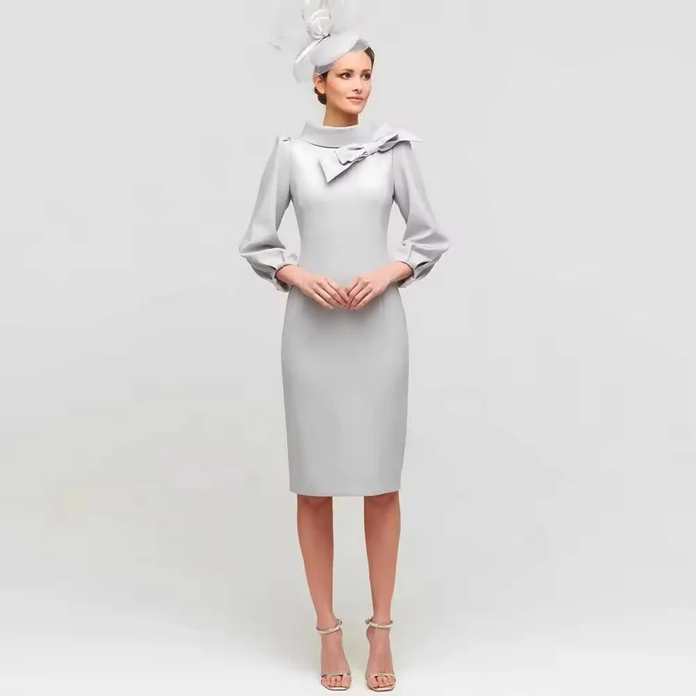 

Customized Vintage Woman Dress Satin Sheath/Column Cocktail Party Dress Silvery High Collar Bow Mother of the Bride Dresses