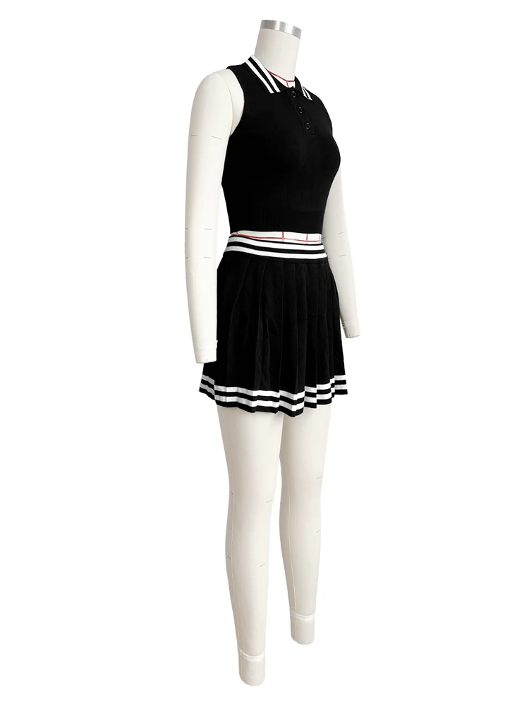 Varsity Skirt Set for Women 2024 Summer Girls High School Tennis Knit Striped Crop Top and Pleat Mini Skirt Two Piece Sets