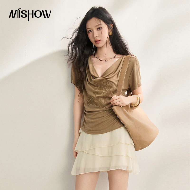 MISHOW New 100% Lyocell Cowl Neck Embroidery T-Shirt 2026 Summer Side Pleated Design Relaxed Gentle Short-Sleeve Top MXF22T1550