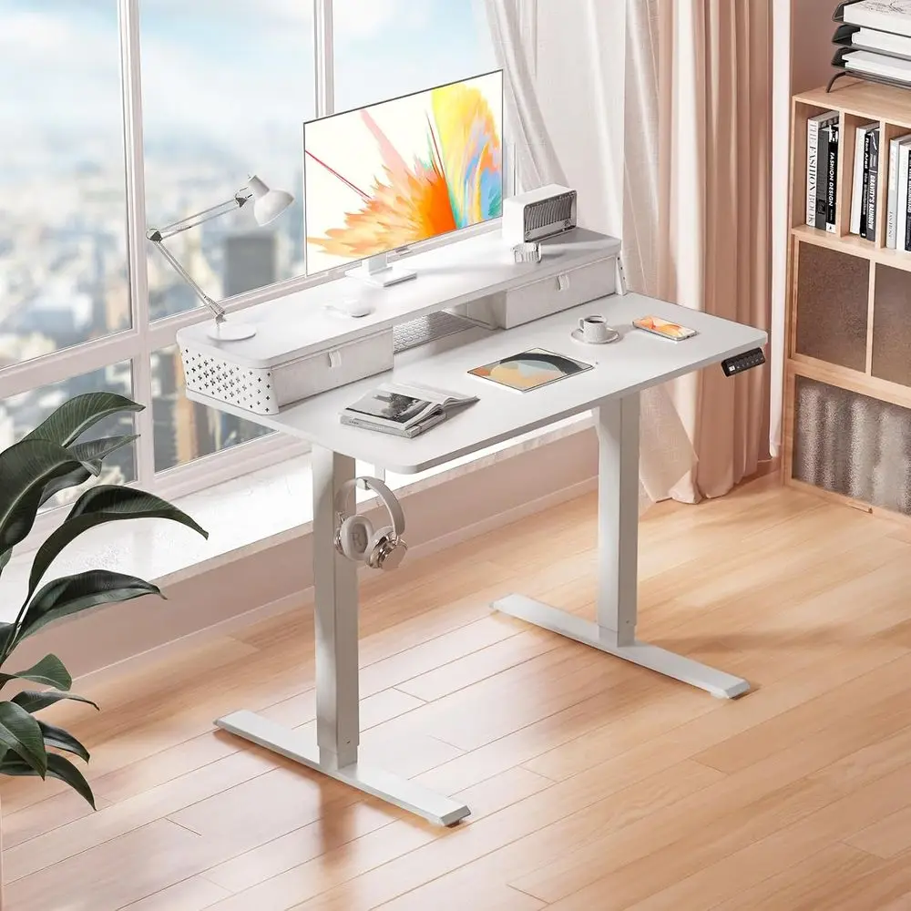 35 x 20 Compact Electric Desk, Dual Motor, Height-Adjustable, Storage Shelf, C-Clamp, White for Home Office